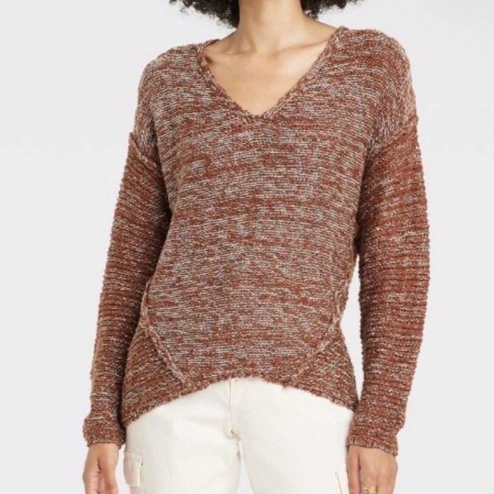 NWT🎉 Universal Thread Brown & White Knit V-Neck Weave Oversized Sweater